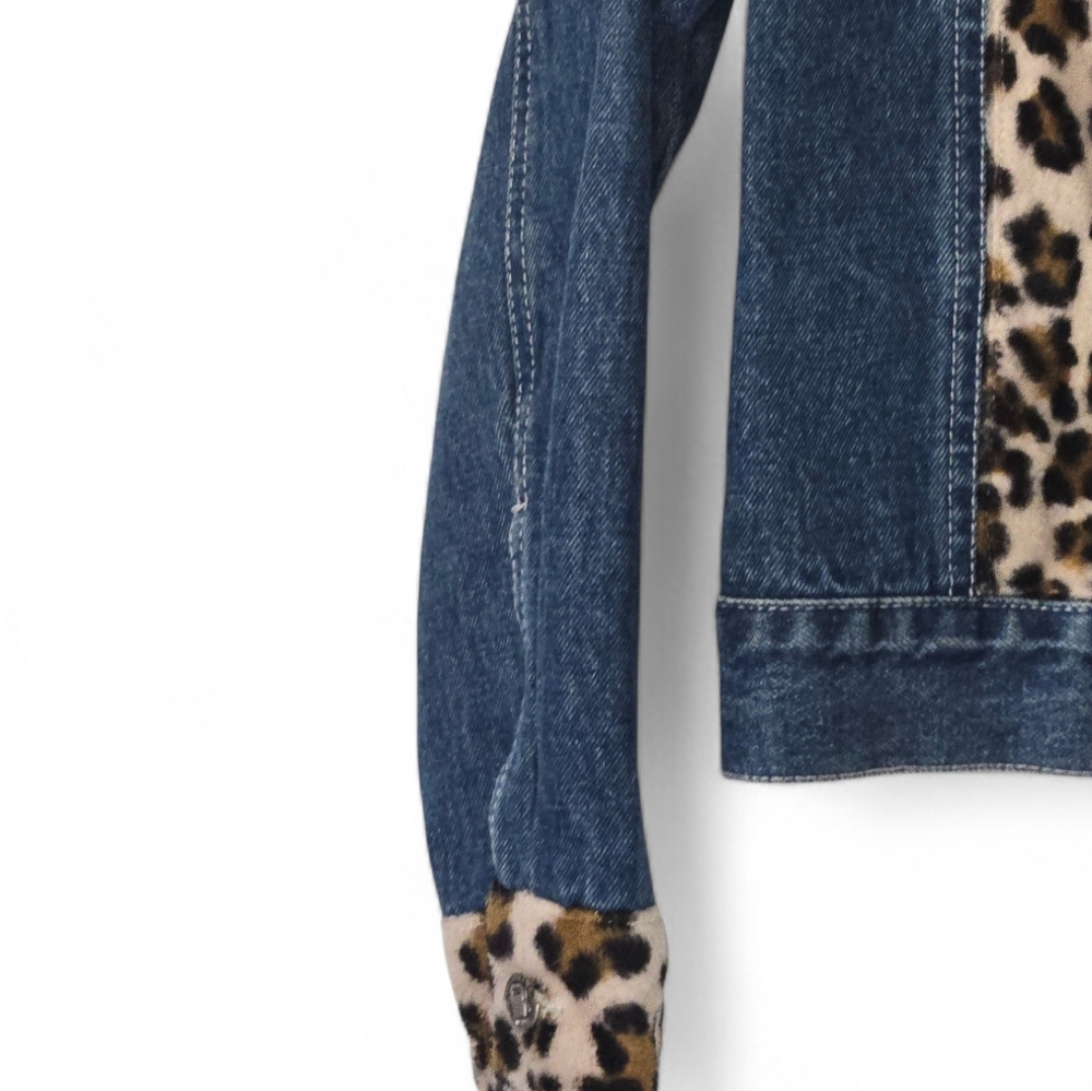 Gasoline Jeans Cropped Denim Jacket w/ Leopard Print Panels –Girls Size M - Picture 7 of 14